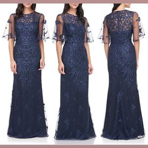 NEW JS Collections Floral Embroidered Flutter Sleeve Gown in Blue [SZ 10 ] #Q106